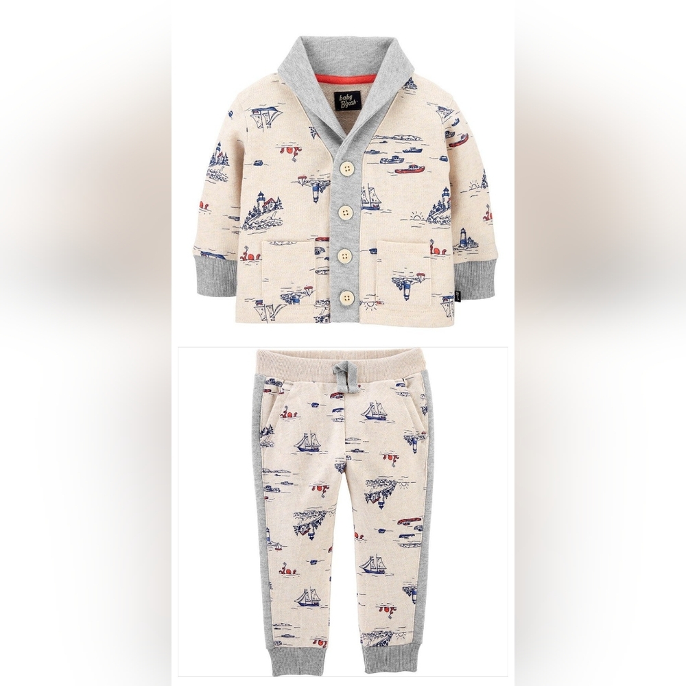 EUC 24M OskKosh Baby B'Gosh Nautical Set French Terry Cotton Cardigan Jogger